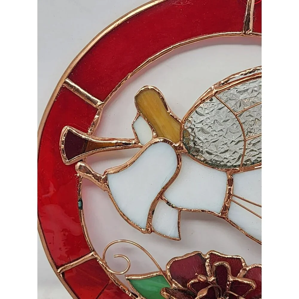 Vintage Christmas/Holiday Round 3-D Stained Glass Trumpeting‎ Angel With Rose
